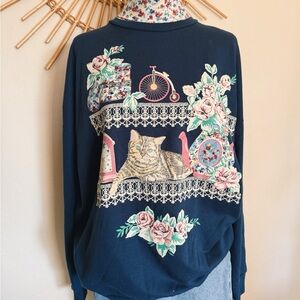 Floral Cat Print Navy Sweatshirt